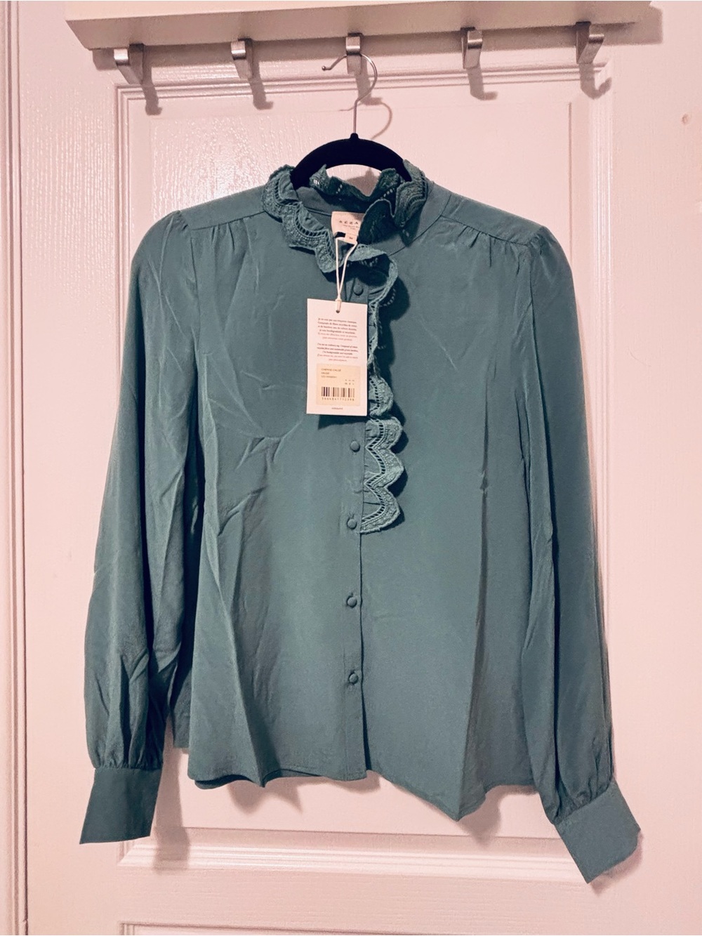 Sezane Sage Scalloped Ruffle-Trim Button Down Blouse